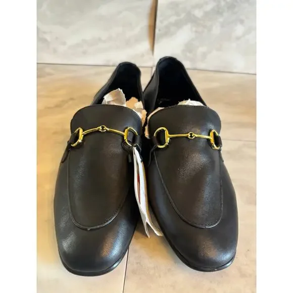 Mango Women’s Gold Buckle Leather Upper Moccasins Black Size 9 New Flats - Picture 6 of 7